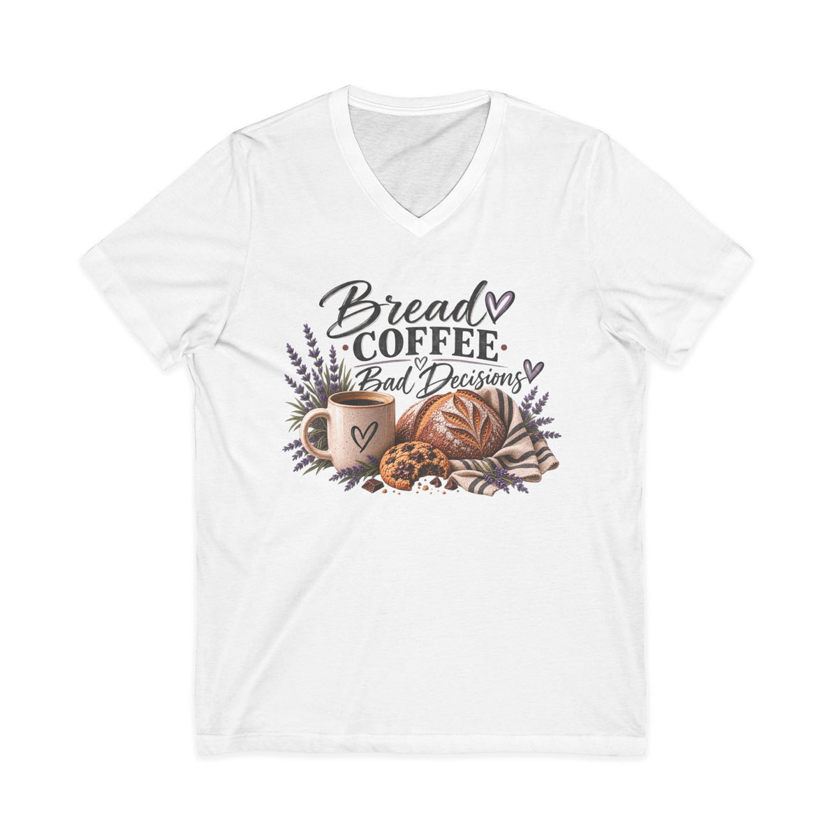 Bread, Coffee & Bad Decisions V-Neck Tee in White — lightweight cotton V-neck with bakery-inspired graphic, from Copper Sky Bakehouse