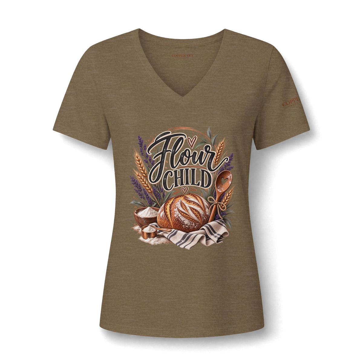 Flour Child V-Neck Tee in Heather Olive — rustic bakery graphic V-neck, relaxed fit, from Copper Sky Bakehouse
