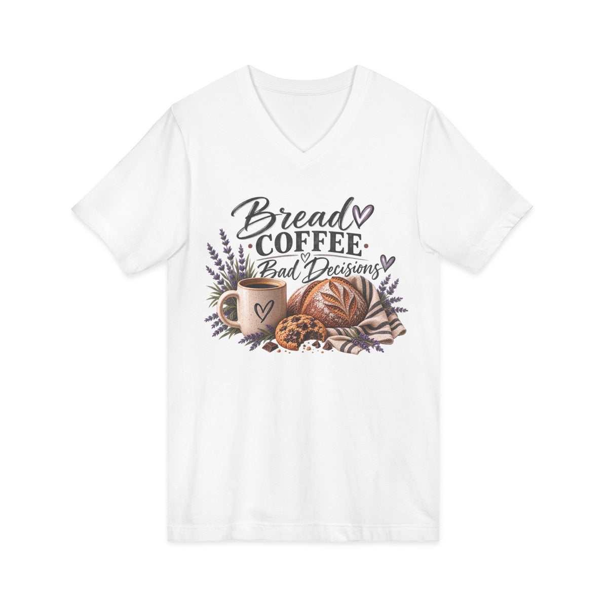 Bread, Coffee & Bad Decisions V-Neck Tee in White — lightweight cotton V-neck with bakery-inspired graphic, from Copper Sky Bakehouse