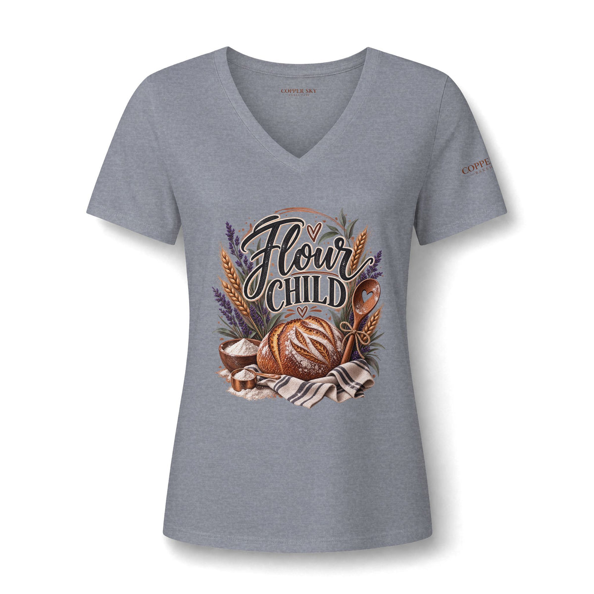 Flour Child V-Neck Tee in Athletic Heather — bread and wheat graphic V-neck tee, relaxed fit, from Copper Sky Bakehouse