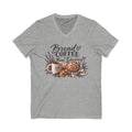 Bread, Coffee & Bad Decisions V-Neck Tee in Athletic Heather — cozy graphic tee with hand-lettered coffee and bread design, from Copper Sky Bakehouse