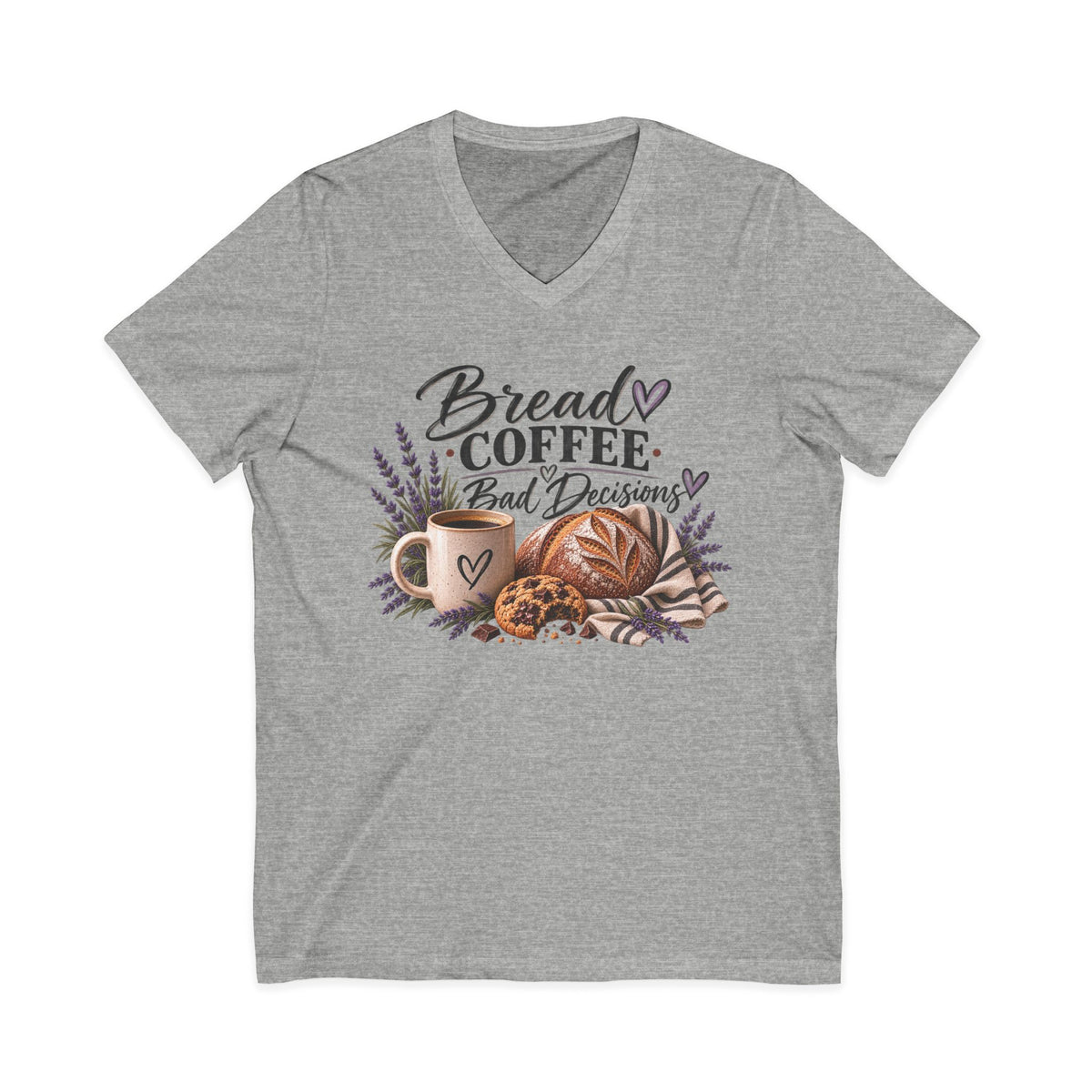 Bread, Coffee & Bad Decisions V-Neck Tee in Athletic Heather — cozy graphic tee with hand-lettered coffee and bread design, from Copper Sky Bakehouse