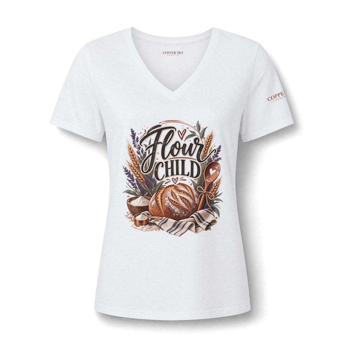 Flour Child V-Neck Tee in Solid White Blend — rustic bread and wheat bakery graphic, relaxed fit, from Copper Sky Bakehouse