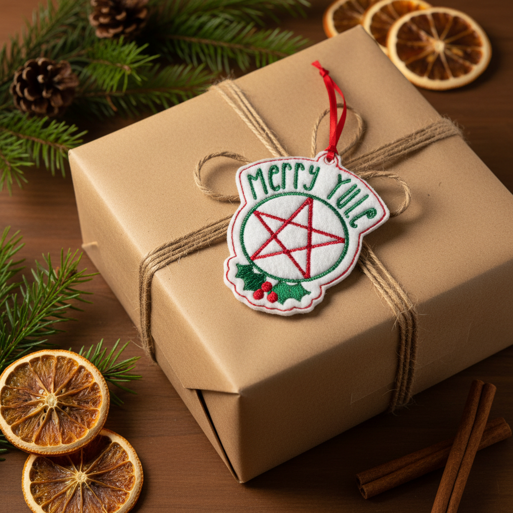 Merry Yule ornament as a gift tag on a wrapped present