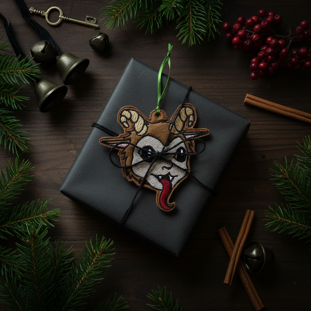 Krampus ornament as a gift tag on a wrapped present