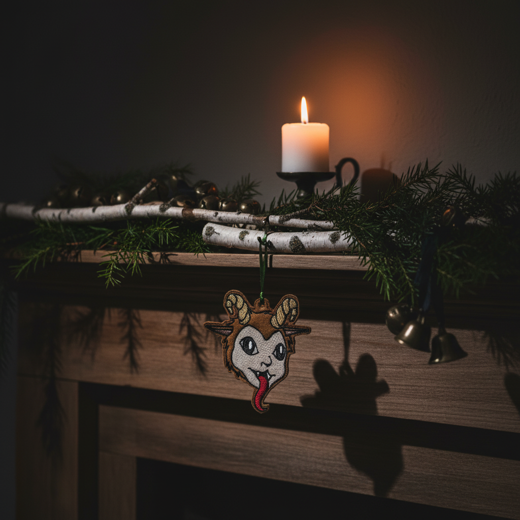 Krampus ornament in a Krampusnacht lifestyle mantle setting