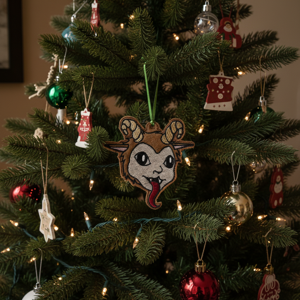 Krampus ornament hanging on a Christmas tree