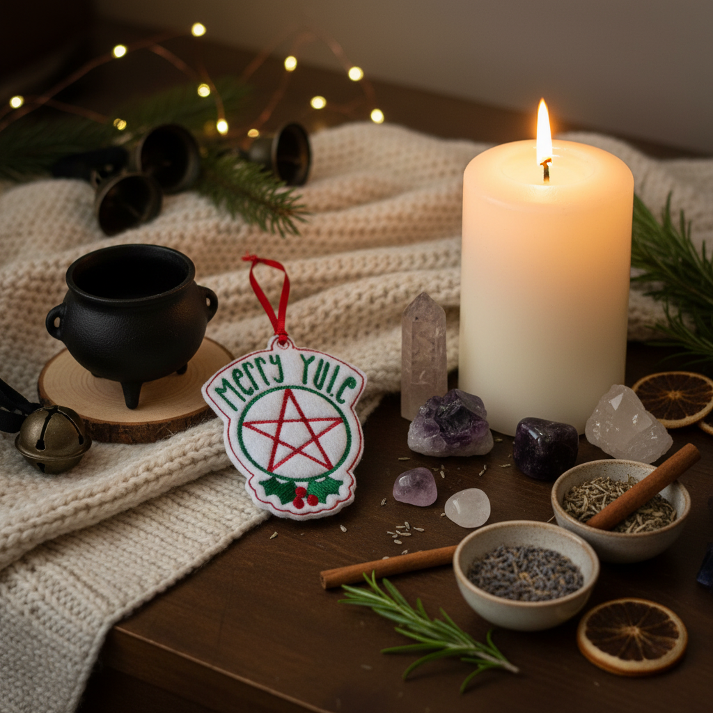 Merry Yule ornament in a lifestyle Yule altar setting
