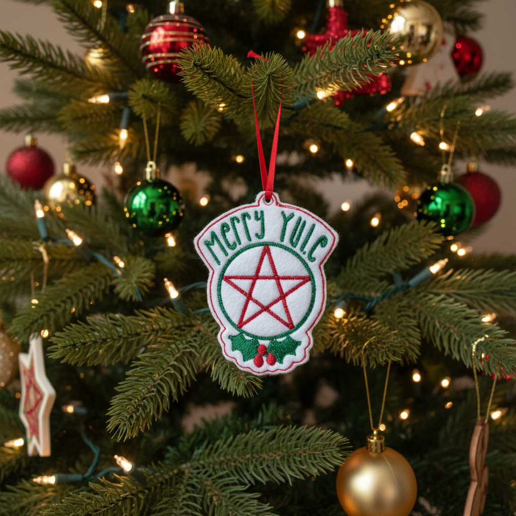 Merry Yule ornament hanging on a Christmas tree